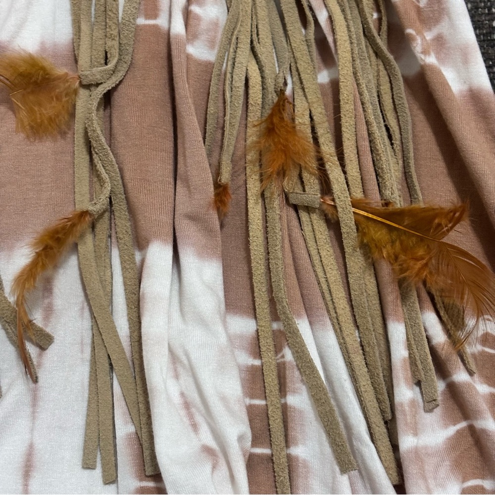 Sky Fashion Bohemian Leather Fringe Feather Tan Cream Tie-Dye Halter Top Sz S - Picture 5 of 10
